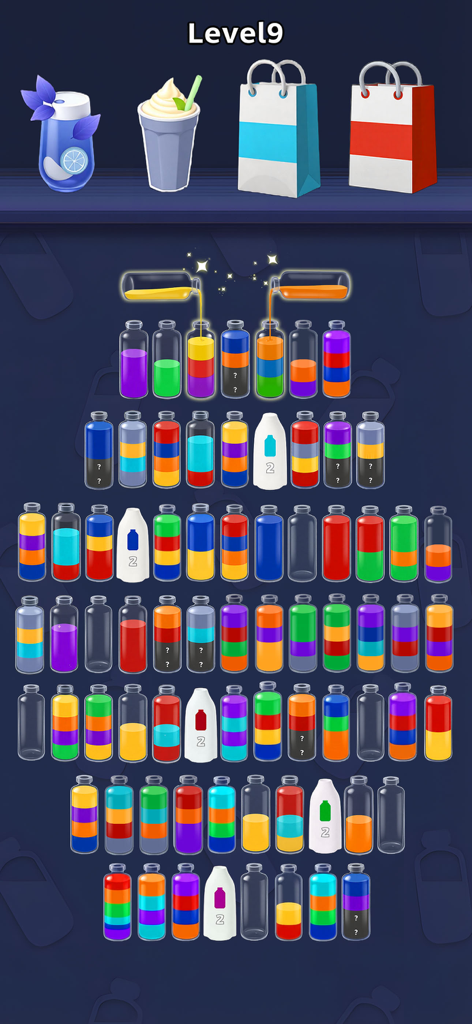 Water Jam Sort - Match Puzzle - Un colorido nivel de juego de puzzle móvil que muestra filas de pequeñas botellas de vidrio que se llenan con líquidos multicolores para un desafío de clasificación.