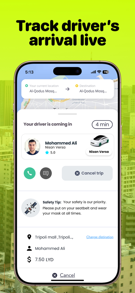 Kimo taxi app interface showing real-time driver tracking and trip details in Libya