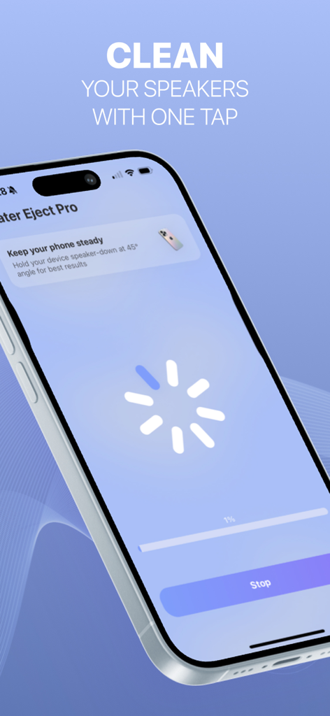 Water Eject Pro Cleaner° - Pantalla del iPhone mostrando la aplicación Water Eject Pro con el progreso de limpieza del altavoz e instrucciones de posicionamiento
