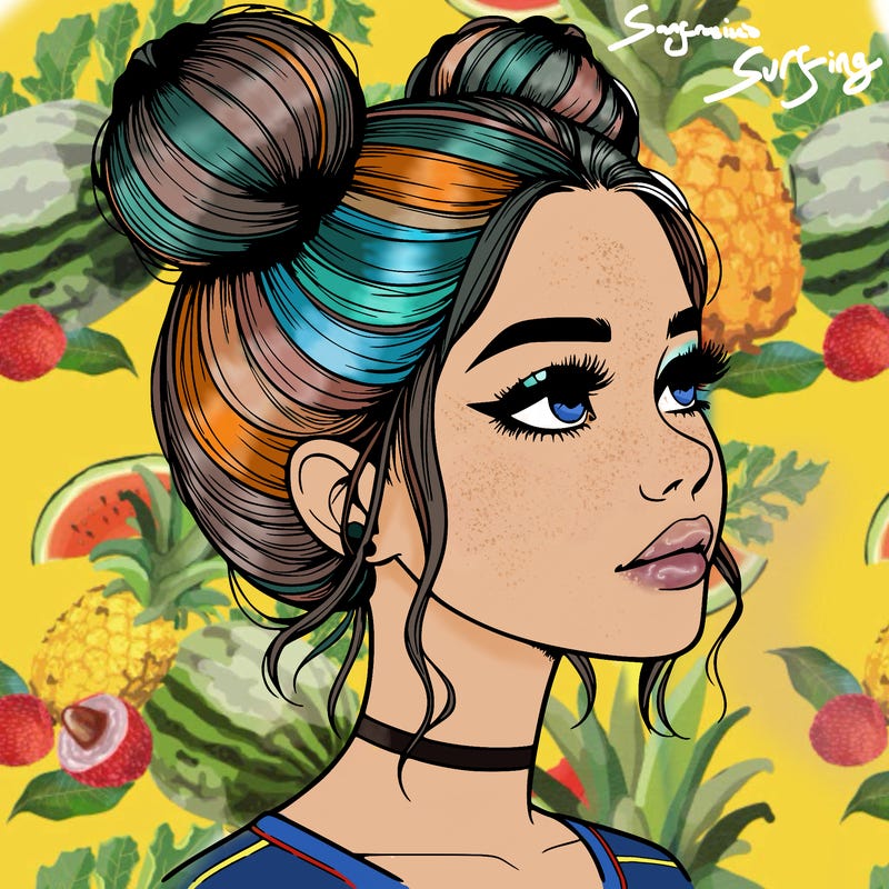 realistic girl with buns on the top of her head