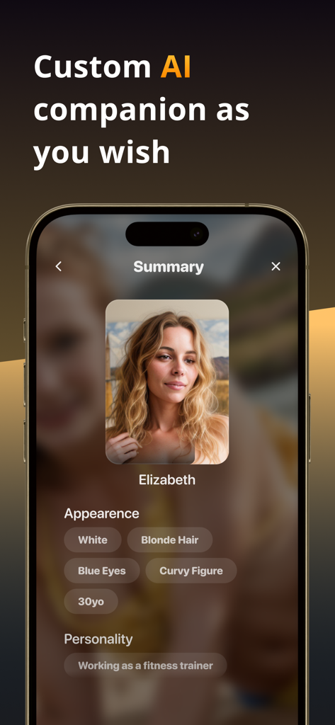 Romantic AI Girlfriend Chat - Una pantalla de resumen que muestra la personalización del personaje para una novia de IA romántica, incluida la apariencia y los rasgos de personalidad.