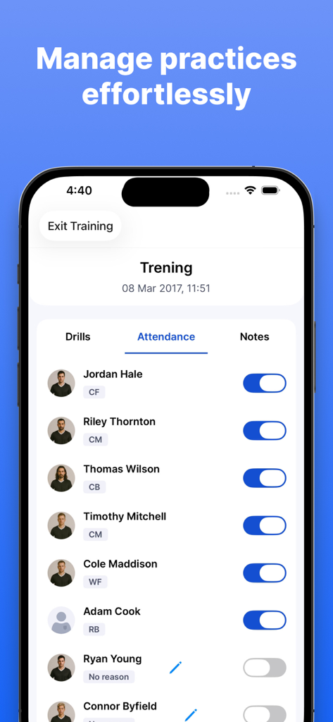 Smart Soccer Coach++ - Smart Soccer Coach app screen showing a list of players for practice attendance tracking with toggle switches