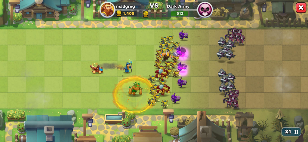 Top Troops Adventure RPG gameplay showing a battle between player troops and the dark army on a gridded field