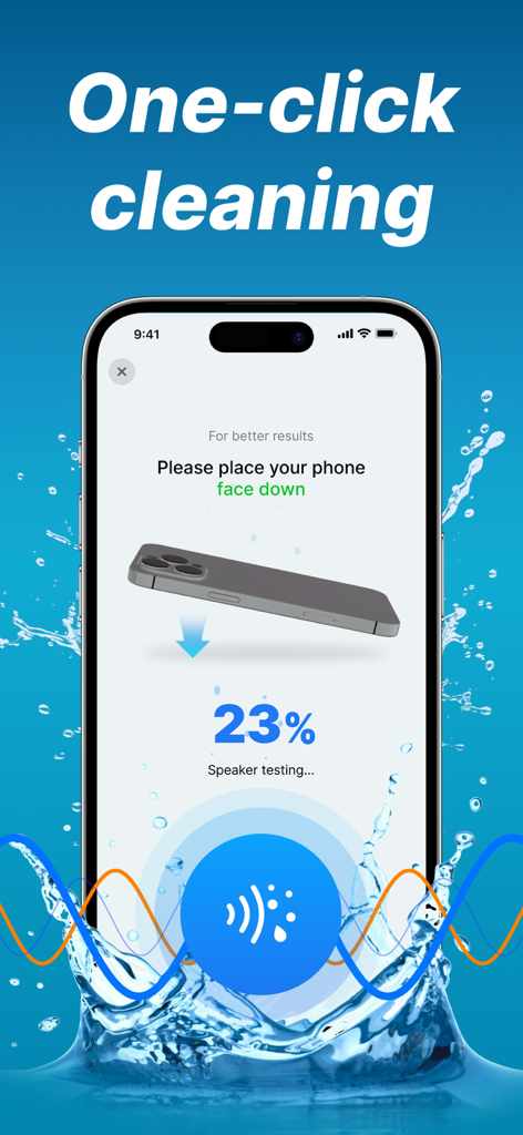 Una pantalla de iPhone que muestra una barra de progreso de prueba de altavoces y una instrucción para colocar el teléfono boca abajo para la expulsión de agua