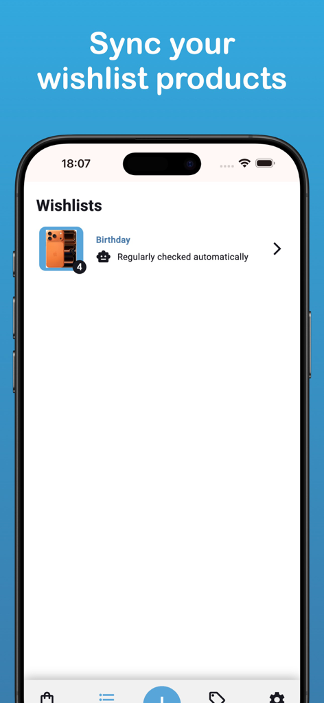 PriceNotify: Price Tracker - PriceNotify app screen showing automated Amazon wishlist synchronization and tracking