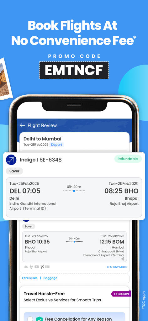 EaseMyTrip app interface showing a flight booking from Delhi to Mumbai with a no convenience fee promo code