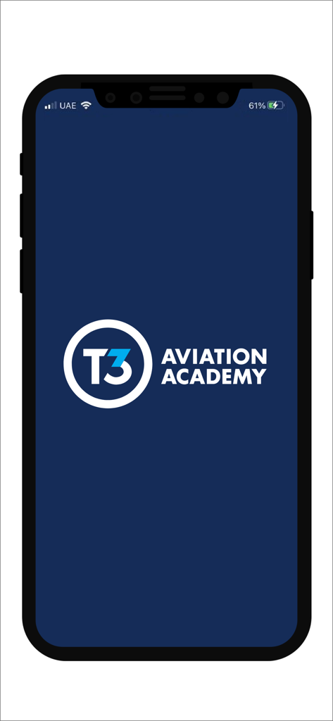 Pantalla de presentación de T3 Aviation Academy con el logo sobre un fondo azul