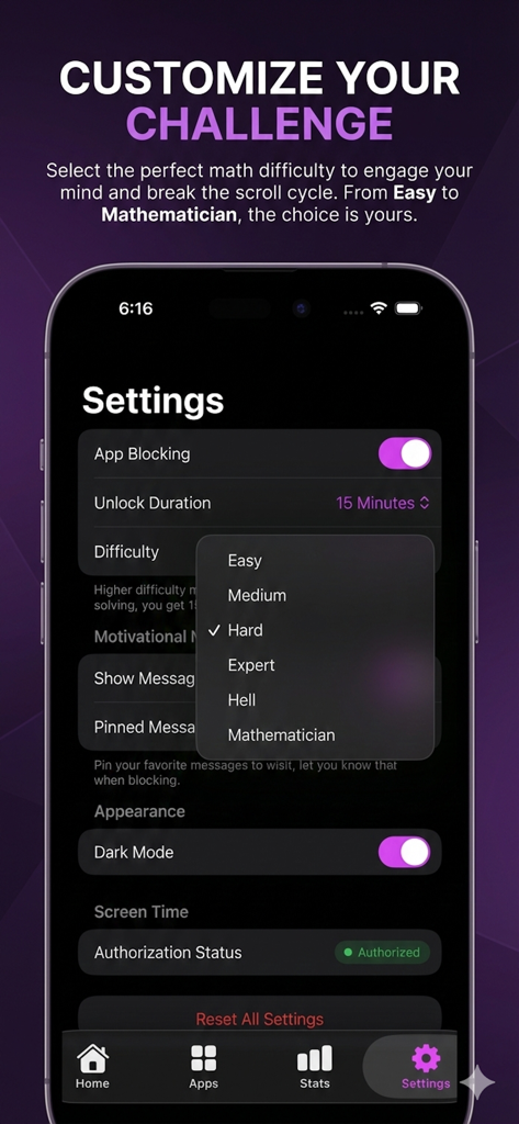 BrainGate: Focus Math Blocker - Pantalla de configuración de BrainGate que muestra niveles de dificultad de desafíos matemáticos, de Fácil a Matemático