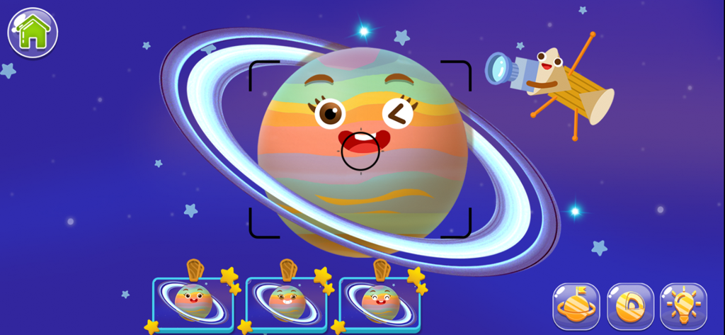 Kids Explore Planets & Space - An interactive educational game screen featuring a smiling cartoon planet with rings and a space telescope character