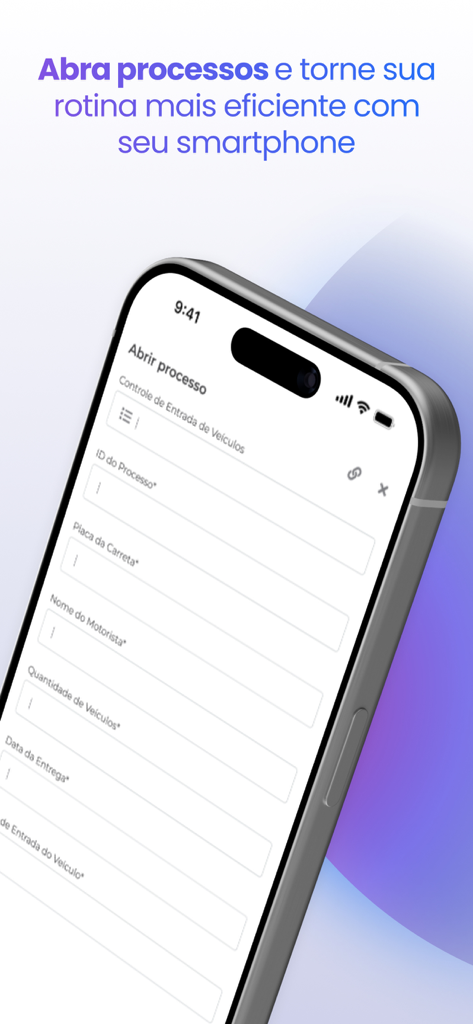 Interface do aplicativo Holmes em um iPhone exibindo um formulário para abrir um novo processo de negócios para controle de entrada de veículos
