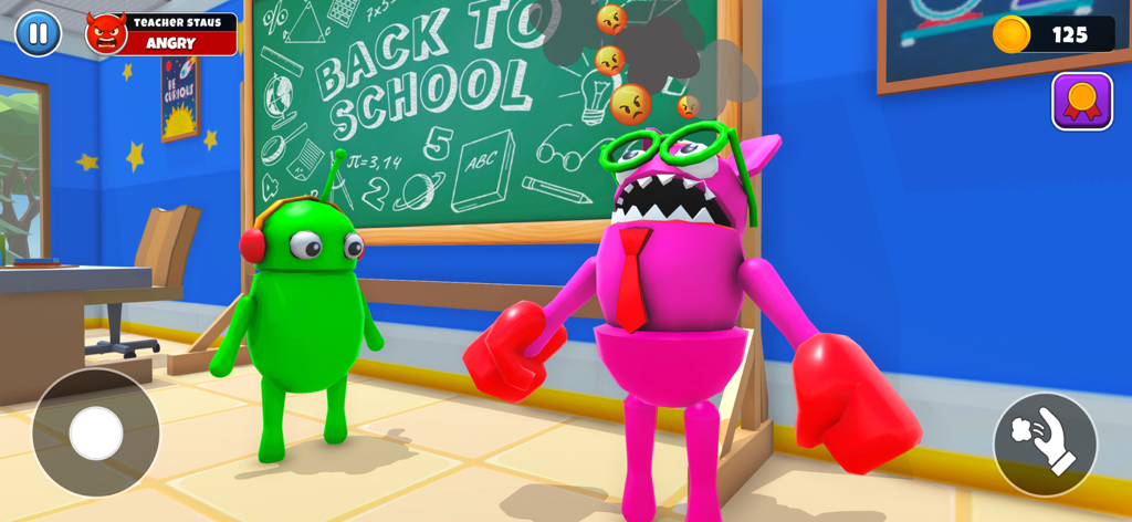 Naughty School Prankster - Ein wütender pinker Monsterlehrer reagiert auf einen Streich in einem Klassenzimmer mit einer grünen Schülerfigur.