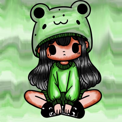 a girl wearing a frog hat and some frog socks