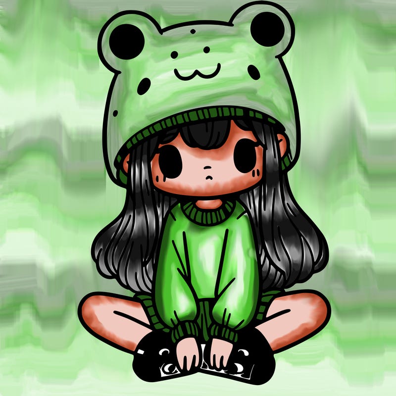 a girl wearing a frog hat and some frog socks