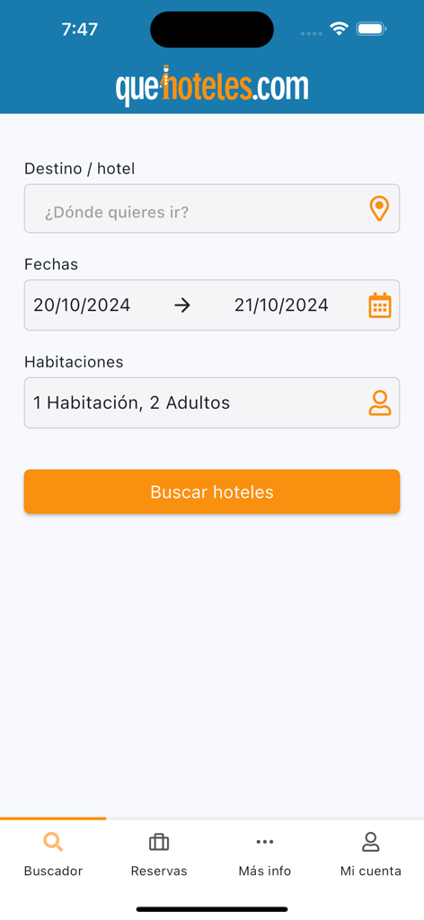 QueHoteles.com - Hotel search screen of the QueHoteles.com app showing destination, date, and guest selection fields in Spanish.