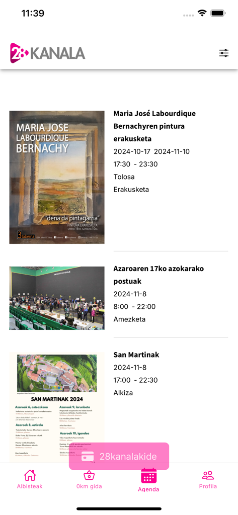 Screenshot of the 28 KANALA app showing a local events calendar with cultural activities in Tolosa Amezketa and Alkiza
