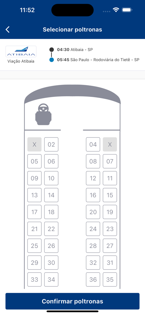 Interface of the Viacao Atibaia app showing a bus floor plan for selecting seats on a trip from Atibaia to Sao Paulo