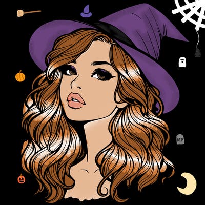 realistic witch girl with wavy hair and lips