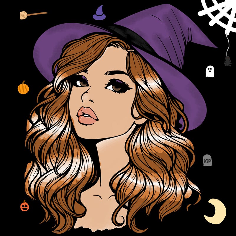 realistic witch girl with wavy hair and lips
