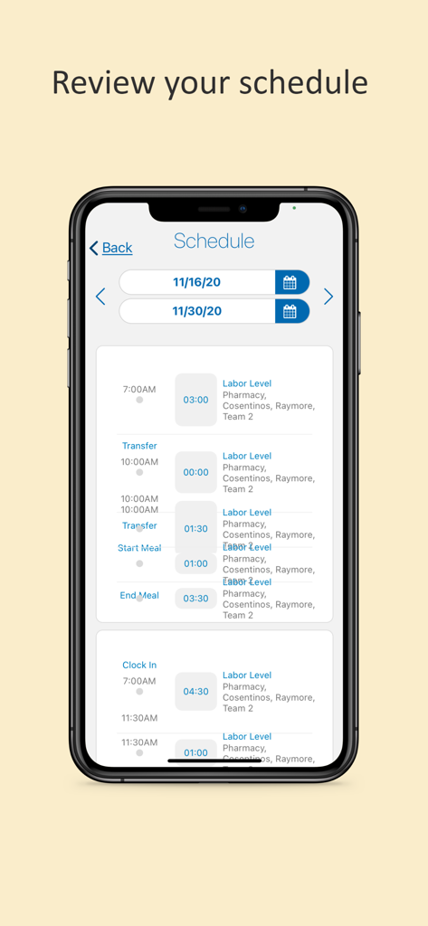 Vista Time Kiosk - Vista Time Kiosk app schedule review screen showing employee shift details and work times