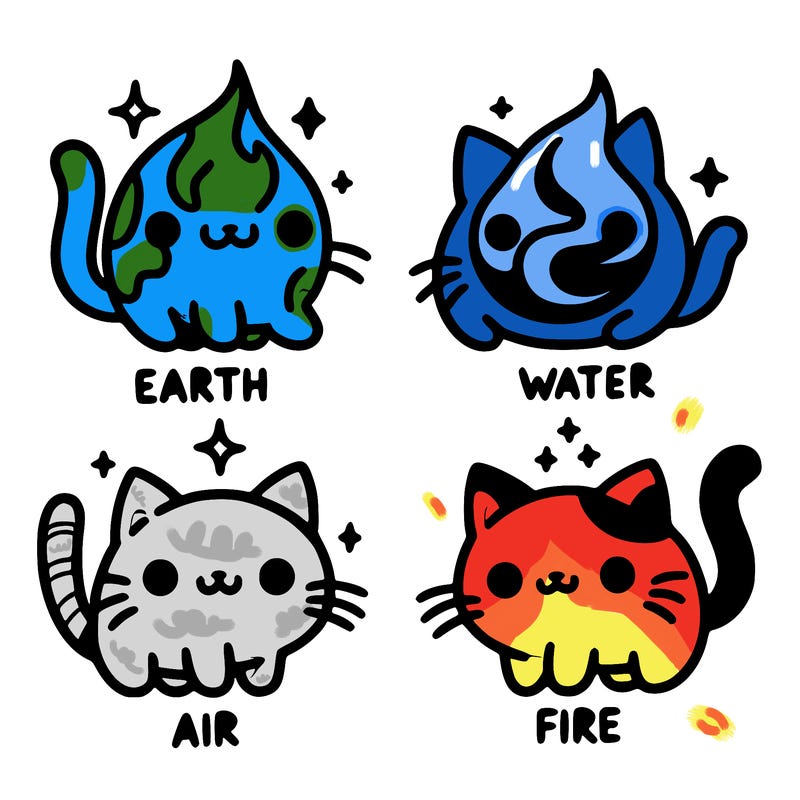 4 cats that represent the different elements, earth, water, air, and fire