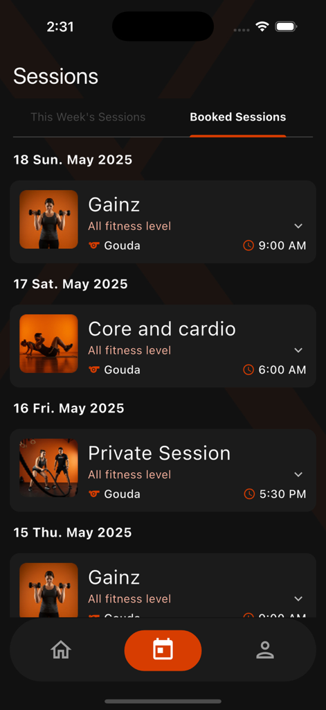 Athletix Eg - Athletix app interface showing a list of scheduled fitness classes and booked sessions.