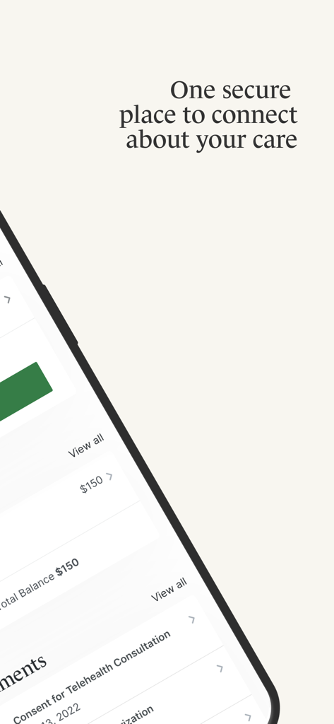 SimplePractice app interface displaying text about a secure place to connect for healthcare needs.