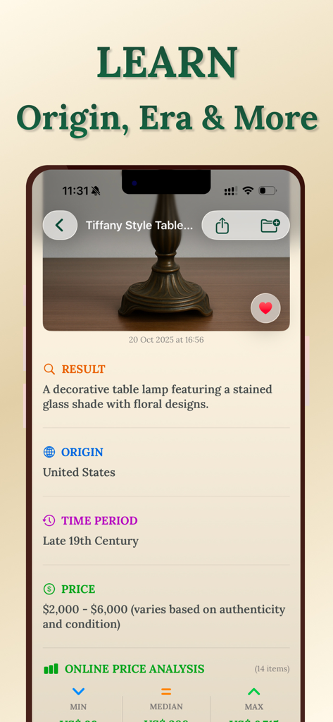 Antique Identifier - Vintapp - La aplicación Vintapp muestra el origen, la época y el precio de una lámpara de mesa Tiffany identificada.