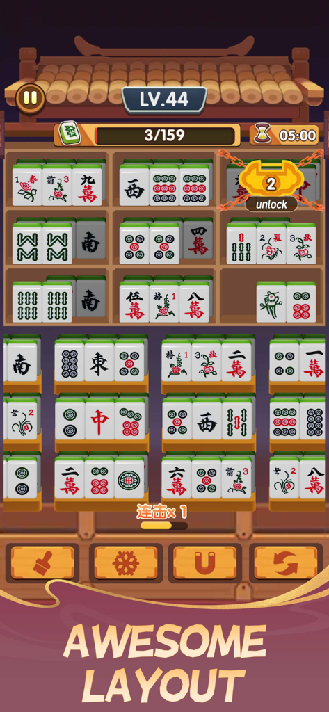 Mahjong Charm gameplay showing tiles on shelves with the text Awesome Layout