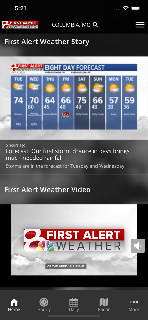 Interface of the KOMU 8 Weather app featuring the First Alert Weather Story, an 8-day forecast for Columbia, MO, and local weather video content.