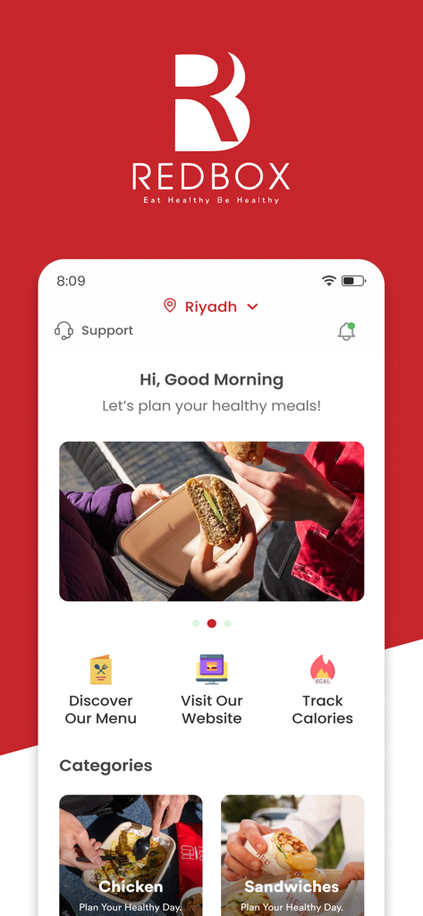 Redbox healthy food - Pantalla de inicio de la app Redbox Healthy Food mostrando opciones de planificación de comidas y categorías de alimentos como pollo y sándwiches.