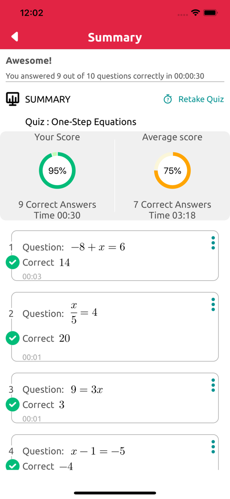 Symbolab Practice - Summary of a math quiz in Symbolab Practice showing a 95 percent score and correct answers for one-step equations.
