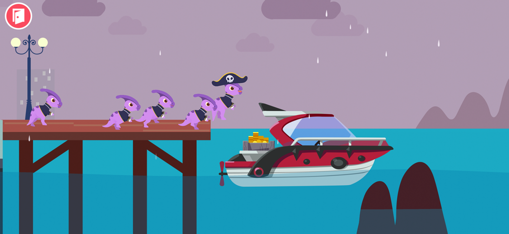 Dinosaur Police Car kids Games - 雨のミッション中に、警察のスピードボートに飛び乗る木製の桟橋にいる紫色の恐竜海賊