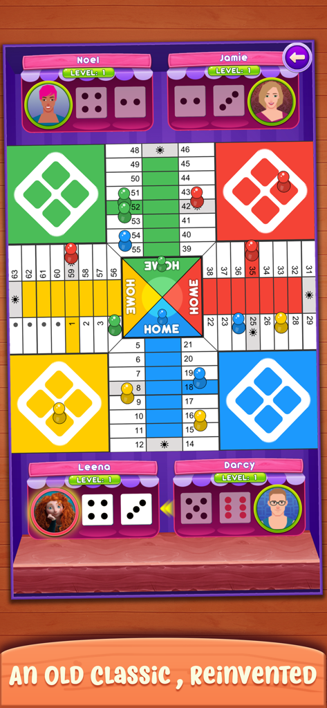 Interfaz digital del juego de mesa Parchis con cuatro jugadores y fichas de colores