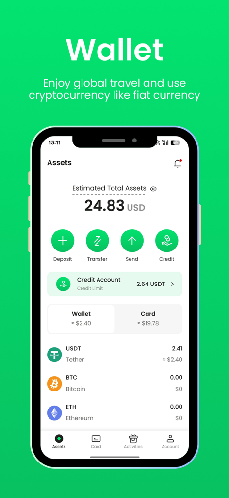 YPT: Crypto Card & Pay - Mobile app interface of YPT wallet showing estimated total assets in USD and various cryptocurrency balances