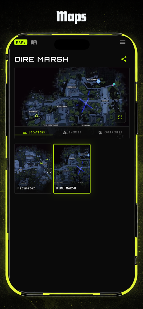 Mappa interattiva della posizione Dire Marsh sull'app companion Runner per Marathon.