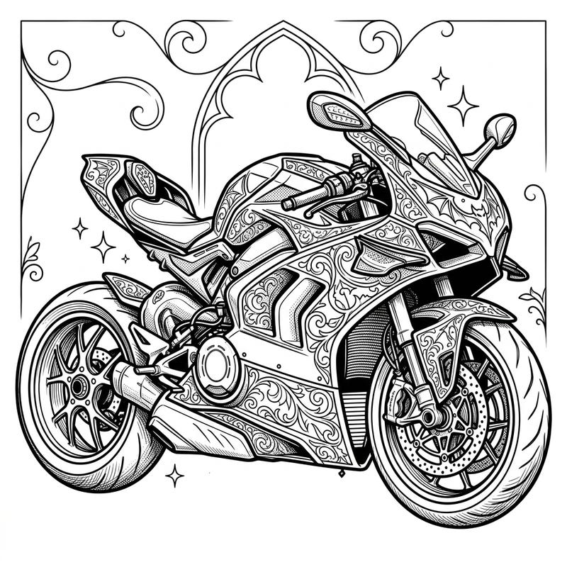Dive into the unique world of gothic sport motorcycles with this detailed coloring page, featuring ornate Victorian patterns and a dark aesthetic. This intricate design offers a creative challenge for adult colorists seeking a blend of speed and mystery.
