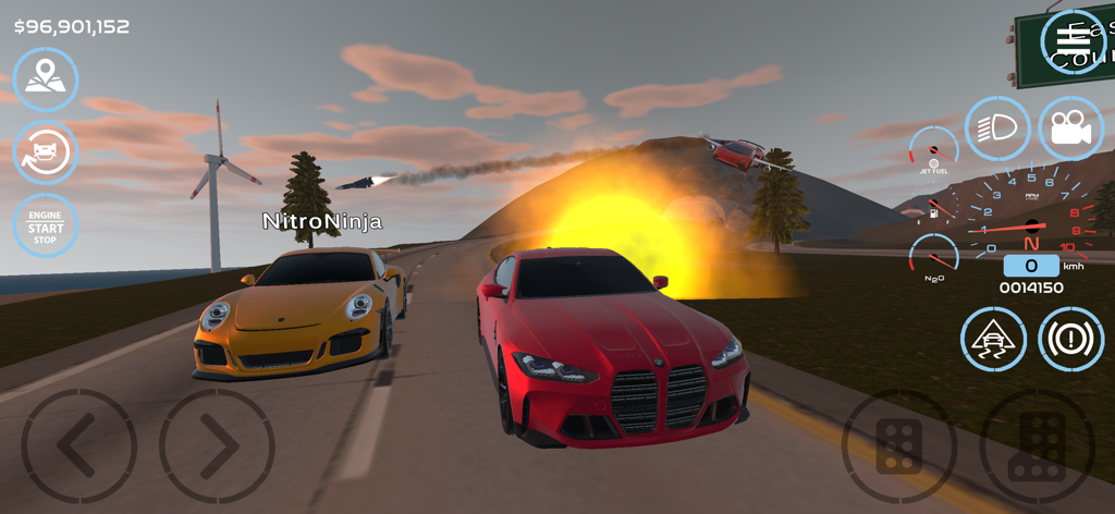 Une voiture de sport rouge et jaune roulant sur une route côtière dans un environnement en monde ouvert avec des explosions et des fusées dans le ciel