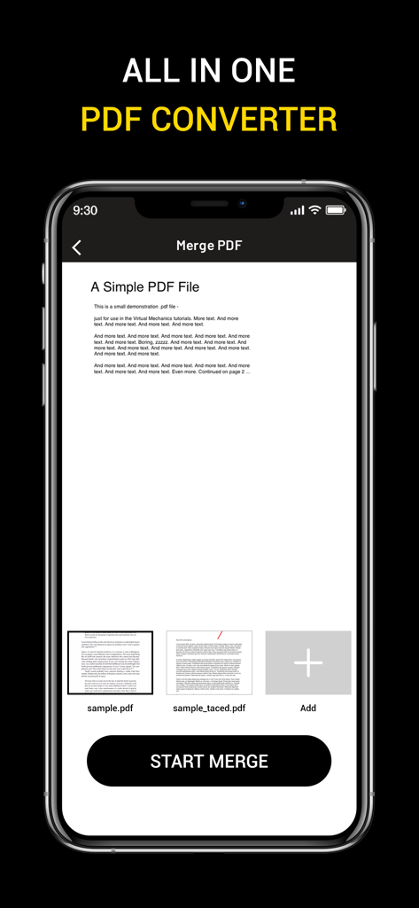 Interface de aplicativo móvel para mesclar vários documentos PDF com um botão Iniciar Mesclagem