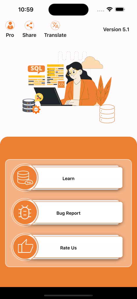 SQL Code Play - Home screen of the SQL Code Play app showing the main menu with a Learn button and a programming illustration.