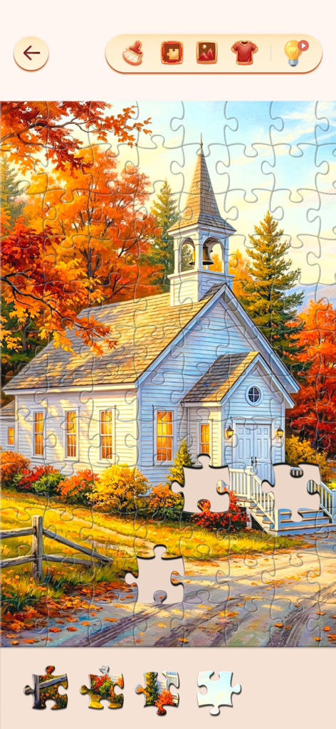 Bible Jigsaw Puzzles - Una pantalla de juego de puzle de jigsaw con una pacífica capilla blanca rodeada de coloridos árboles de otoño y hojas caídas