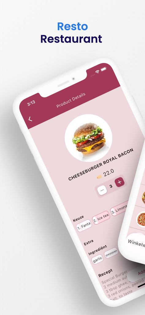 Resto Cerme - Tela do aplicativo Resto Cerme mostrando detalhes do produto e opções de personalização para um pedido de cheeseburger