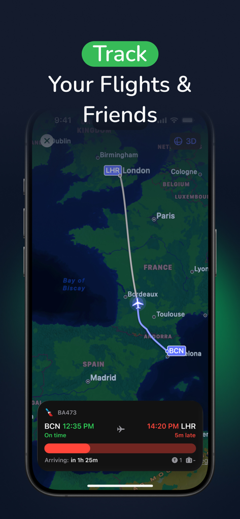 byAir: Live Flight Tracker - Real time flight tracking on a map showing a route from London to Barcelona in the byAir app