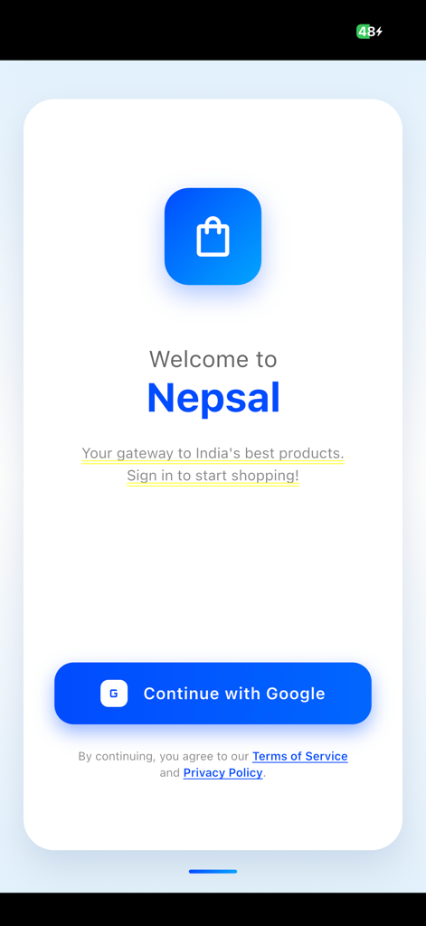 Welcome screen of the Nepsal app featuring a shopping bag icon and a Continue with Google button