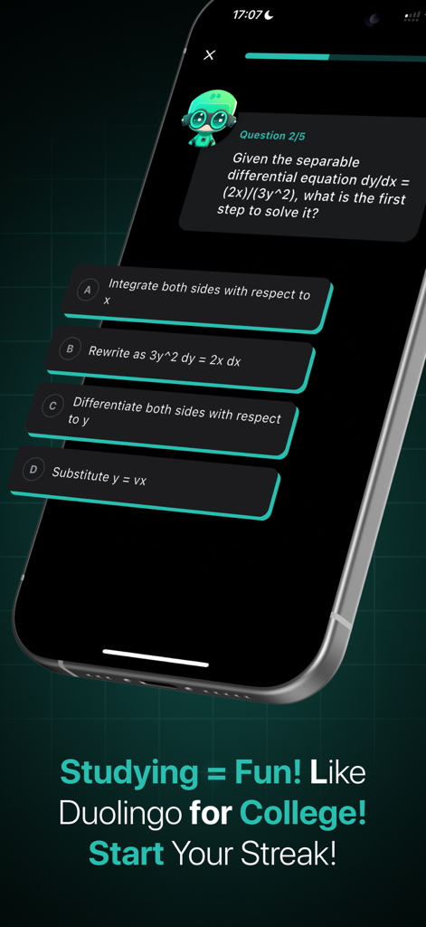 Genio AI: College Smart Tutor - Captura de tela do aplicativo Genio AI mostrando um quiz de estudo universitário gamificado com um problema de matemática e respostas de múltipla escolha.