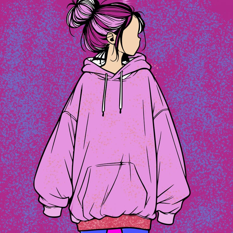 realistic girl with a oversized sweatshirt on and a bun