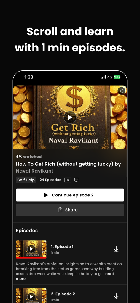 Eine mobile App-Oberfläche für Booktok, die eine Videozusammenfassung von 'How To Get Rich' von Naval Ravikant mit 1-Minuten-Episoden zeigt.