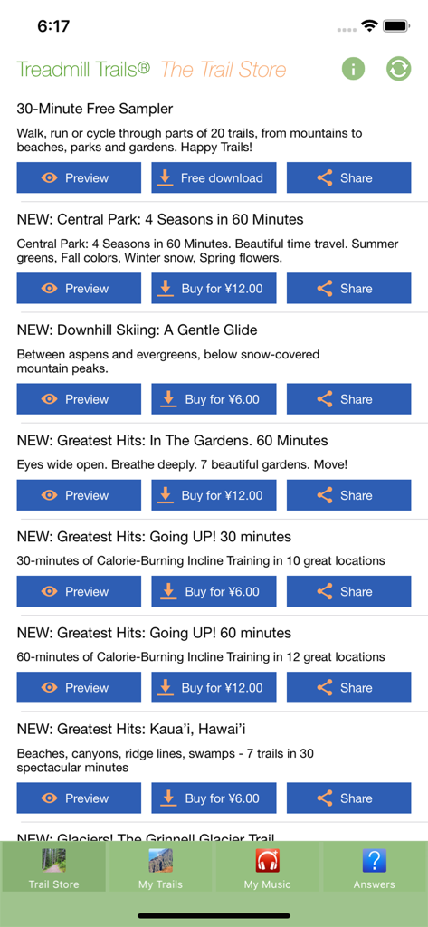 Treadmill Trails - Screenshot of the Treadmill Trails app store interface showing a list of scenic workout videos including Central Park and Hawaii trails