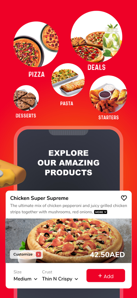 Pizza Hut UAE app screen showing food categories and a Chicken Super Supreme pizza