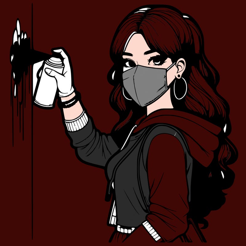 realistic girl with mask spray painting a wall