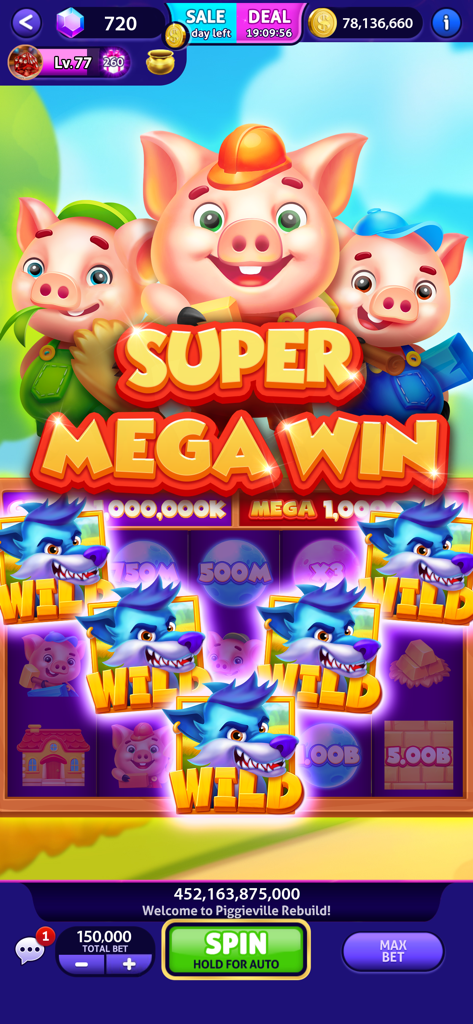 A Super Mega Win screen in Club Vegas Slots featuring cartoon pigs and wild wolf symbols on a slot machine